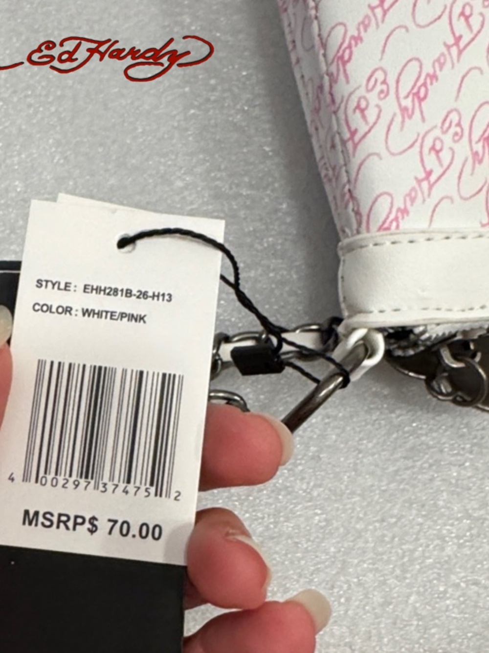 Ed Hardy White and Pink Flame Skull Shoulder Bag - Picture 7 of 7